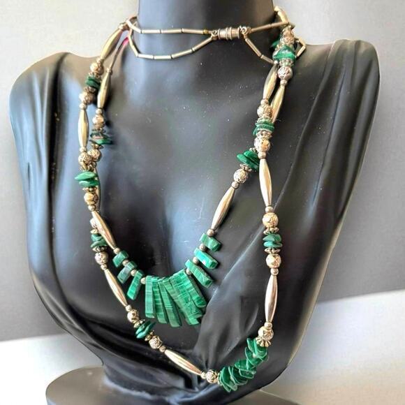 Vintage Jewelry - Vintage Native American Malachite Fringe Double Strand Silver Necklace 22-25”44g